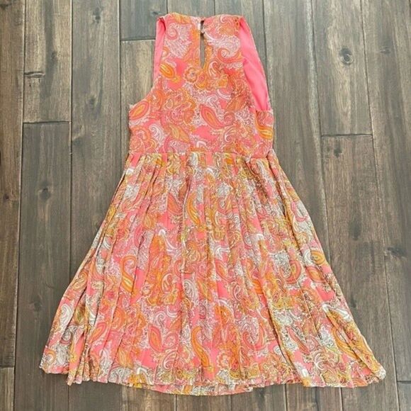 H&M Boho Peach Paisley Sleeveless Low V-Neck Pleated Midi Dress 6 - Picture 7 of 8